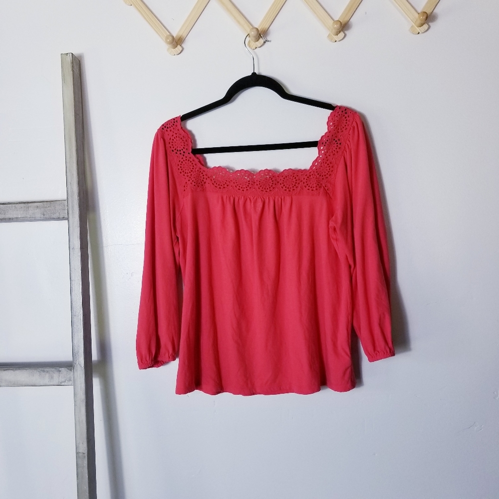 LOFT OUTLET SQUARE LACE NECK DARK CORAL BLOUSE SIZE MEDIUM